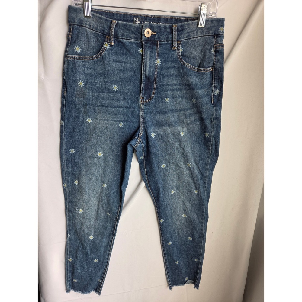 No Boundaries Jeans Womens Blue Daisy Floral Skinny High Rise Raw Hem